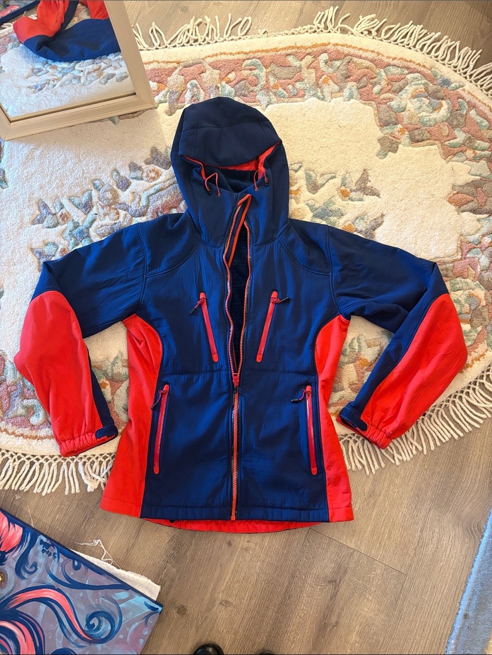 MEC Women's Blue and Red Hooded Rain Jacket